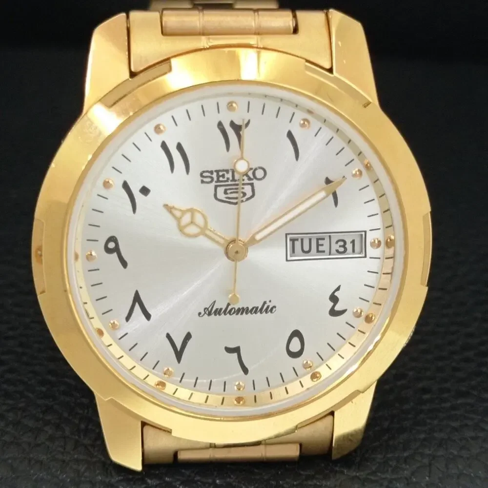 Vintage 1980 Seiko Automatic Mens Gold Watch W/daydate & Arabic accents